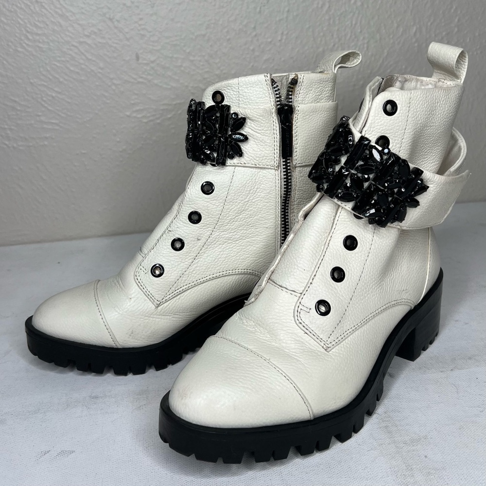 Karl Lagerfeld Pippa jeweled strap leather lug white boots